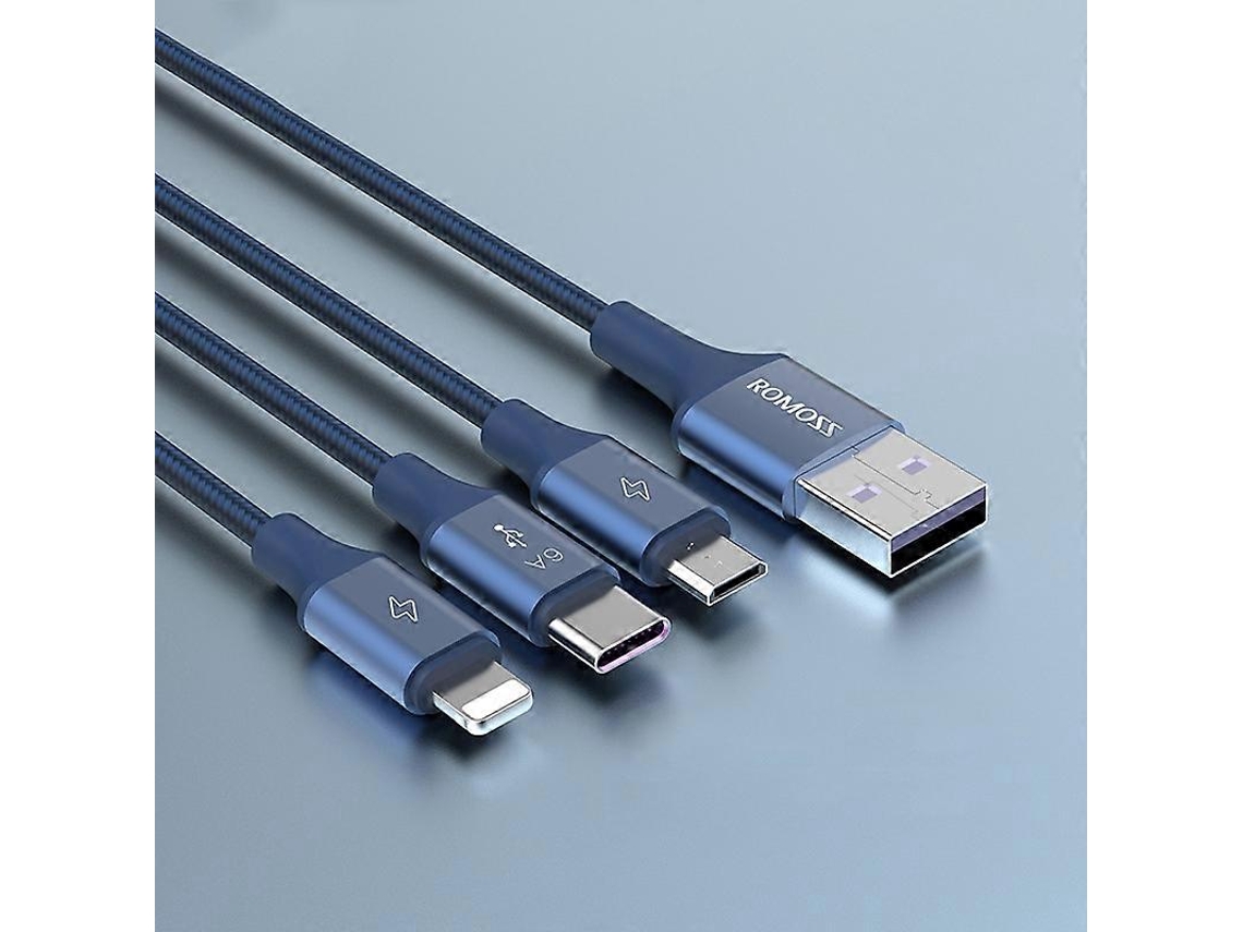 Cabo De Carregamento Romoss 3 Em 1 66w 6a Usb Para 8 Pinos / Tipo C / Usb C / Micro, Em Nylon Trançado. Olysi Shop