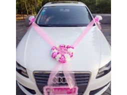 Kit de Decoração de Carro de Casamento de Luxo Fúcsia Rosa Branco 8 Peças Carro dos Noivos Buquê de Flores Tule Flores de Fita