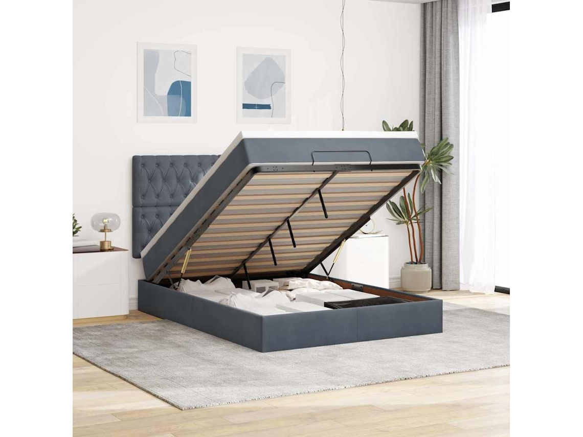 Estrutura Cama Otomana Com Colchões 140x190cm Cinzento Escuro