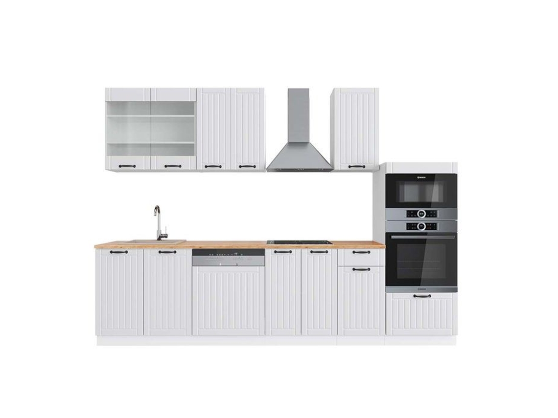 Cozinha Fame-Line, 300 cm com armário alto, PT Carvalho, Country branco/branco, Vicco