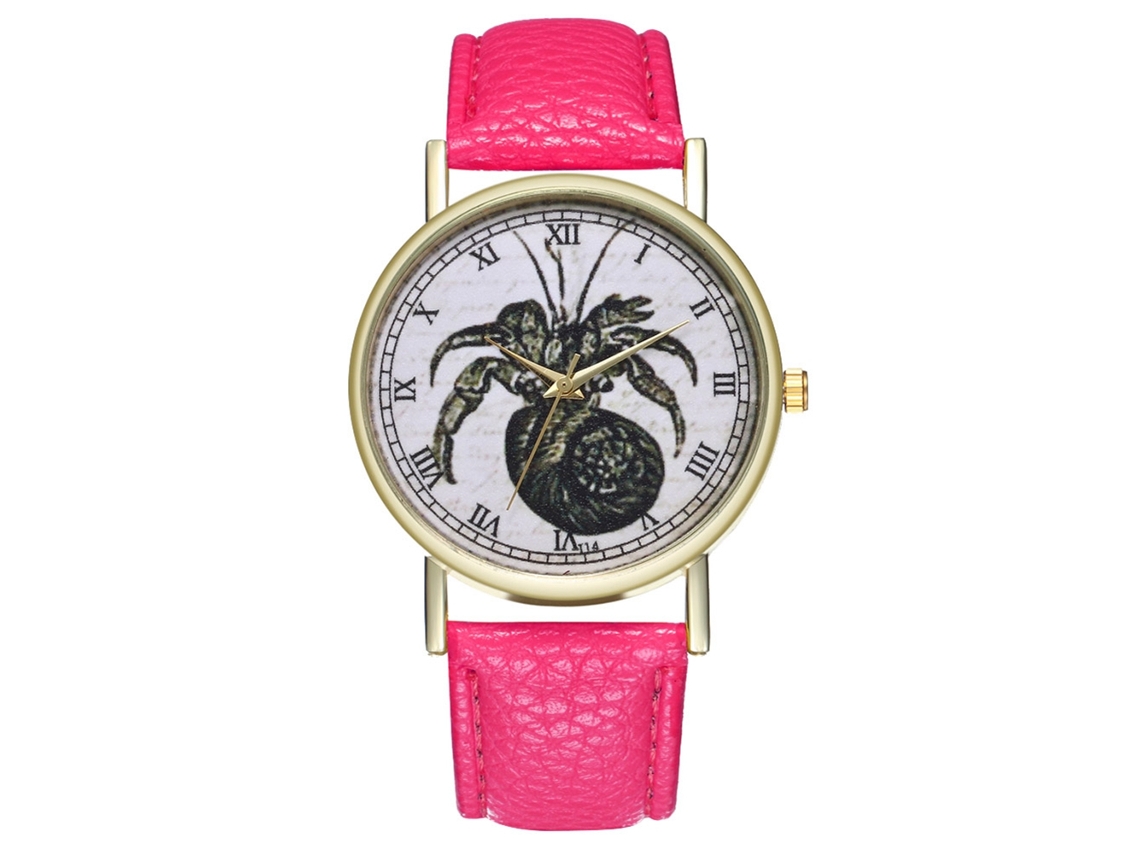 Reloj De Cuarzo Para Mujer Con Correa De Cuero Pu Moda Dial Redondo Grande Rojo Rosa