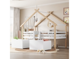 Cama Infantil Altura Média 90x200 Cm Casinha Com Telhado, Proteção 4 Lados, Escada E 2 Baús Rodízios Branco/natural