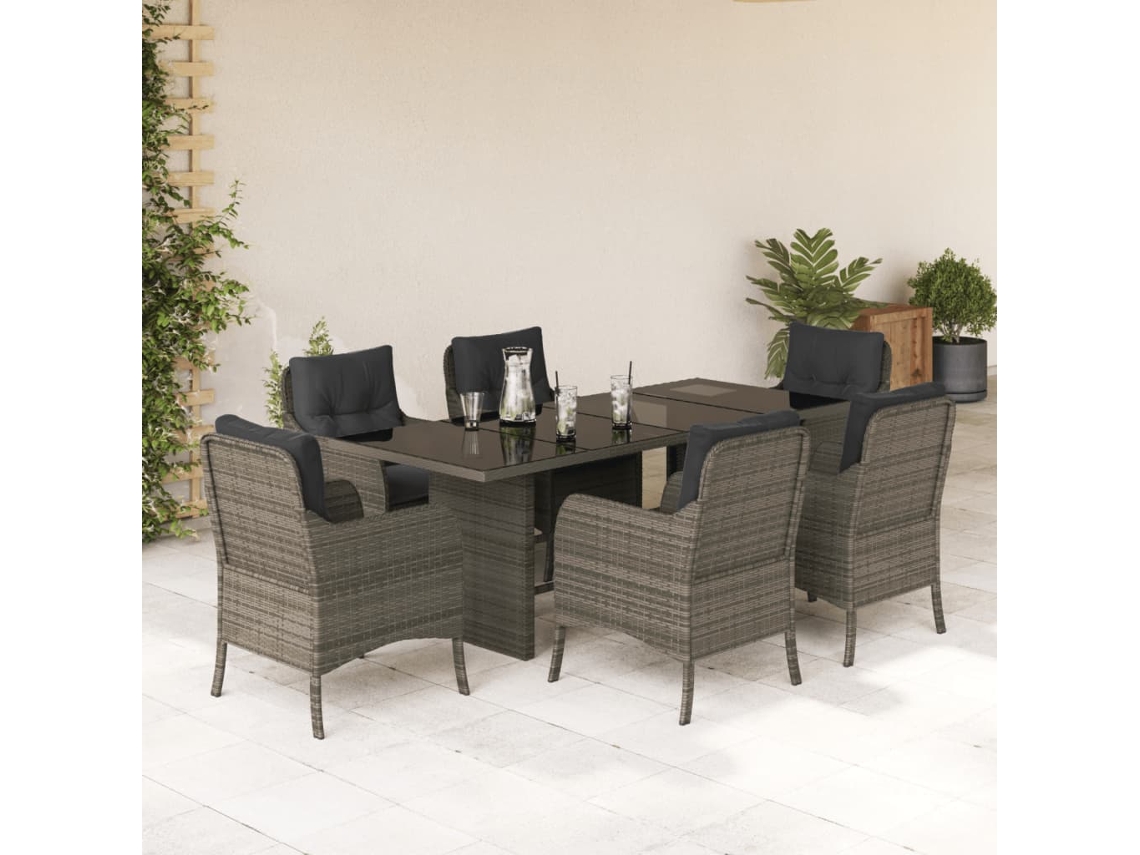 Vidaxl 7 Pcs Conjunto De Jantar P/ Jardim C/ Almofadões Vime Pe Cinza
