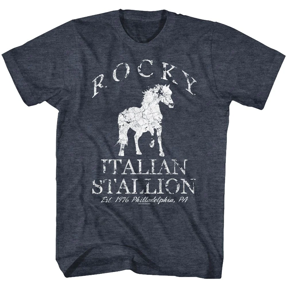 Unisex Adult T-shirt Rockinstone Rocky Movie Horse Heather Navy Sizexl