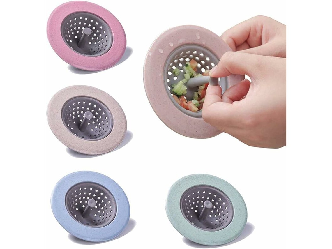 Conjunto De 4 Tampas De Silicone Para Ralo De Pia Nas Cores Rosa, Verde, Bege E Azul, Com A Inscrição "cuidadosamente Bloqueado"