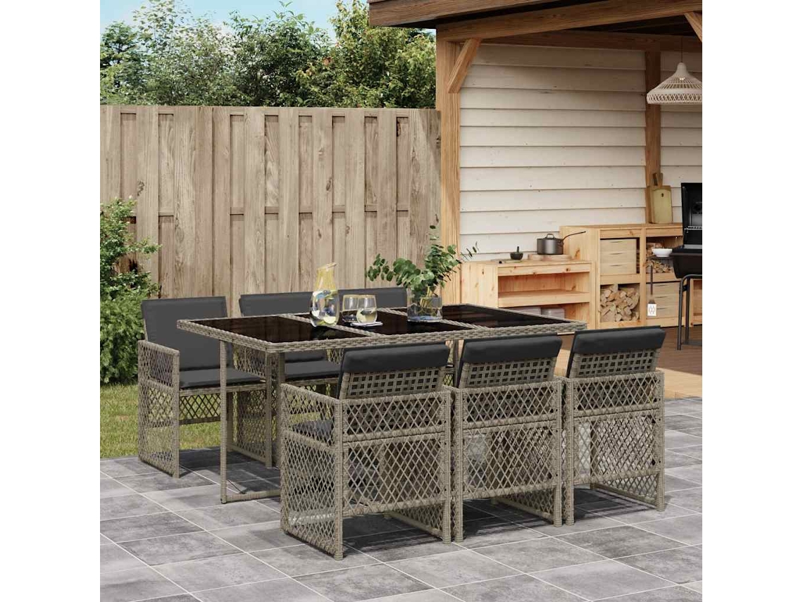 Vidaxl 7 Pcs Conjunto De Jantar P/ Jardim C/ Almofadões Vime Pe Cinza