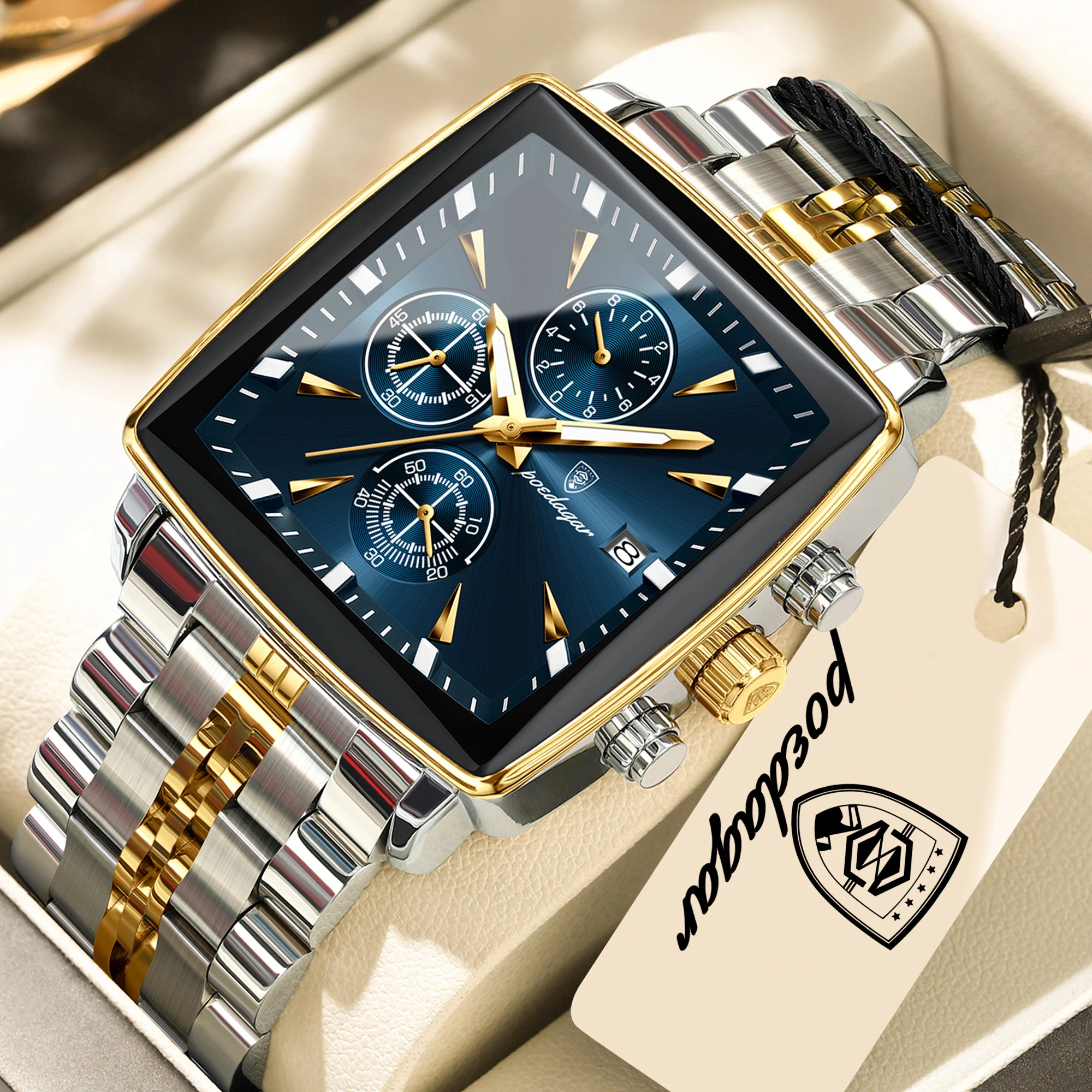 Relógio Masculino Original Para Negócios (dourado E Azul), À Prova D'água E Com Mostrador Luminoso, Em Aço Inoxidável.