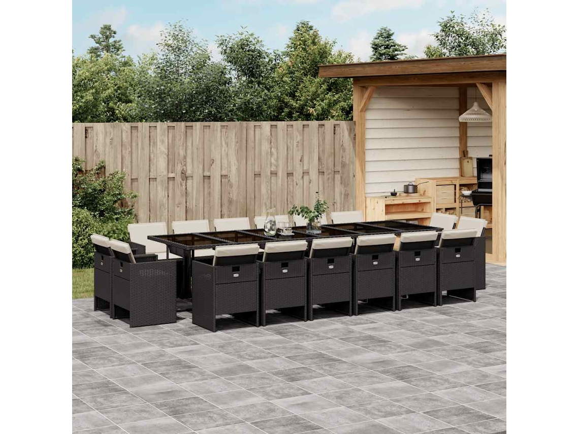 Vidaxl 17 Pcs Conjunto De Jantar P/ Jardim C/ Almofadões Vime Pe Preto