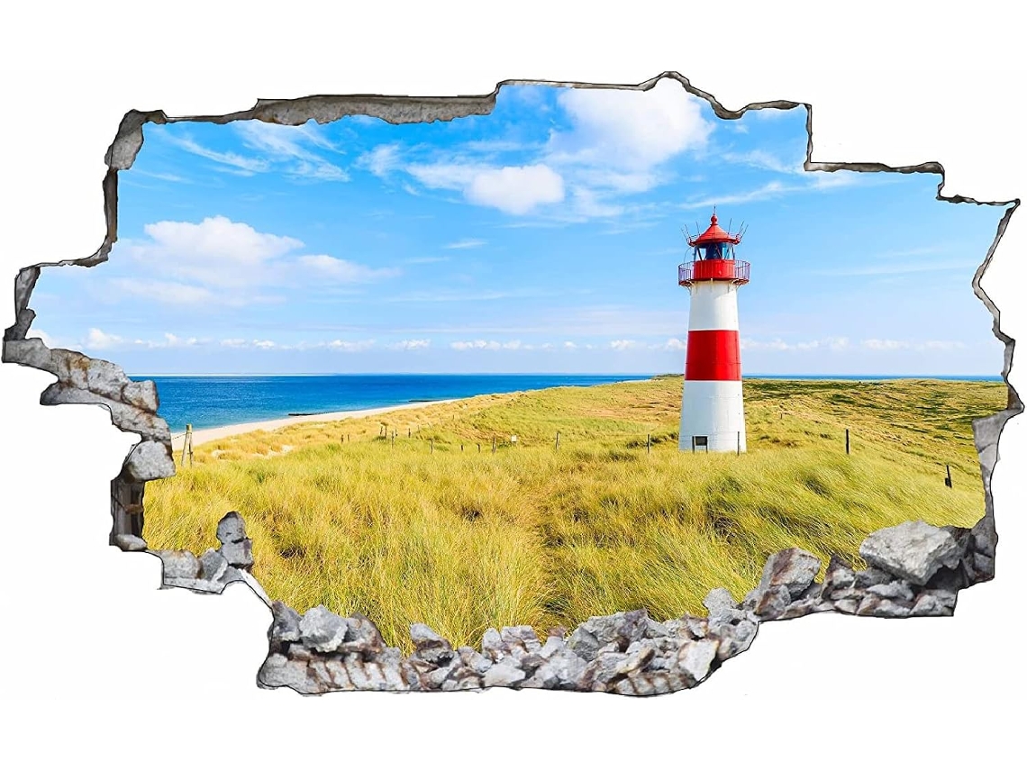 Adesivo de parede 3D com farol na praia, em PVC, para decoração de janelas, quartos, salas de estar e escritórios, 42x62cm