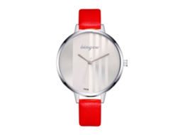 Relógio de Pulso Feminino de Quartzo com Pulseira de Couro Pu Estilo Simples Dial Redondo Vermelho