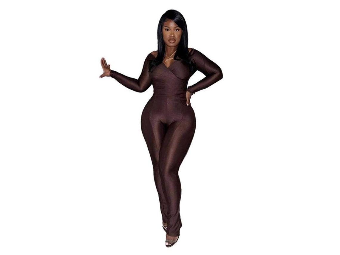 Conjunto Esportivo Casual Feminino Com Blusa De Ombro À Vista E Calça High Waist V-neck Brown