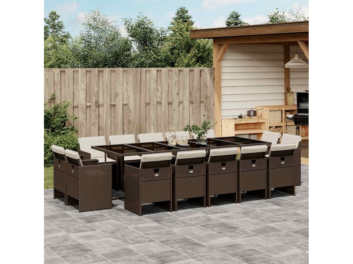 Vidaxl 15 Pcs Conjunto Jantar P/ Jardim C/ Almofadões Vime Pe Castanho