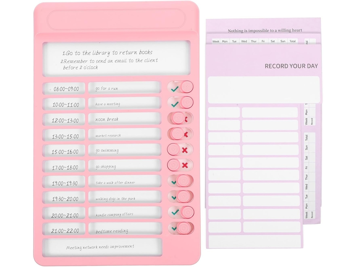 Quadro de tarefas domésticas de plástico rosa para adolescentes e estudantes, incentivando a conclusão das tarefas.