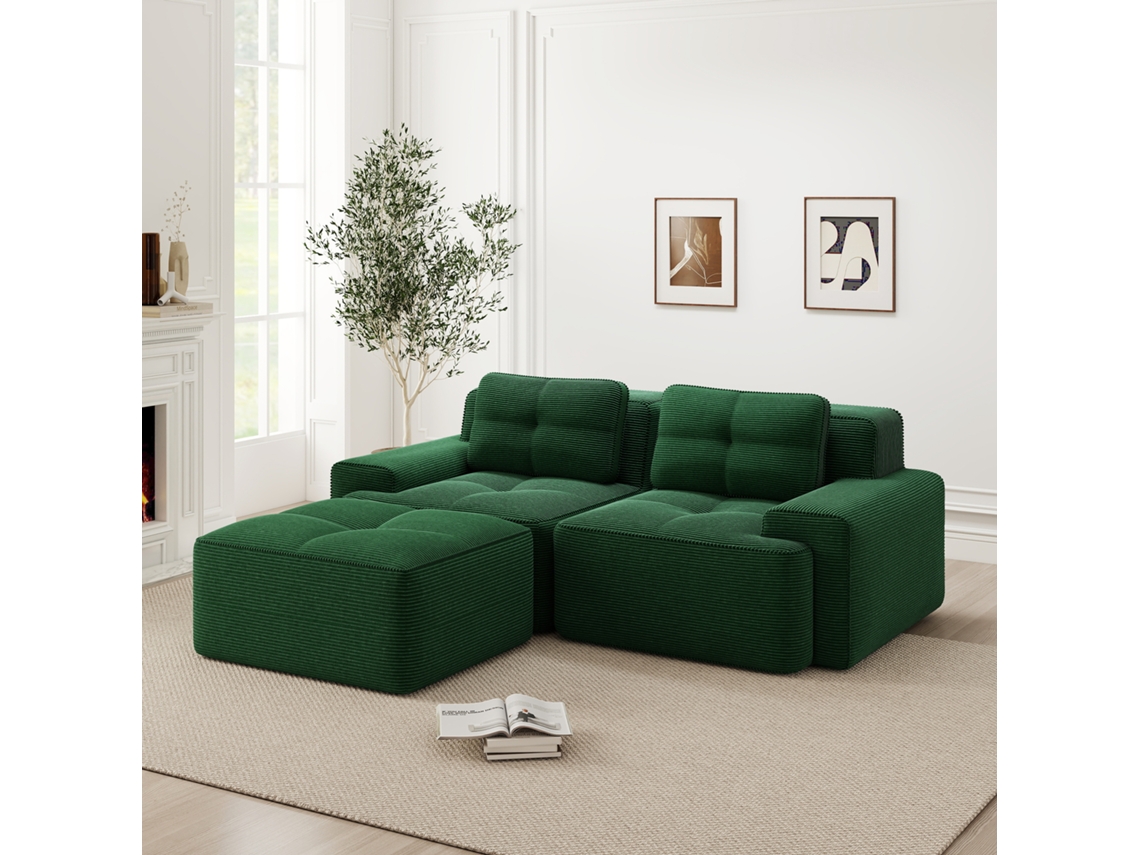 Sofá Modular L Verde, Sem Ossos, Com Puff, 2l, Assento Profundo.-kd