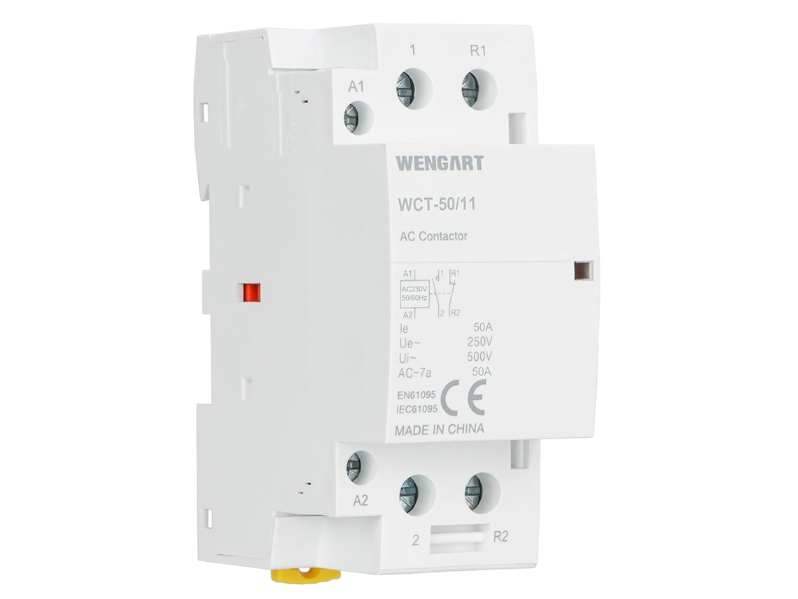 Contator compacto WCT-50, AC230V, 50A, 1NA/1NF, projetado para longa vida útil, operação silenciosa e economia de energia.