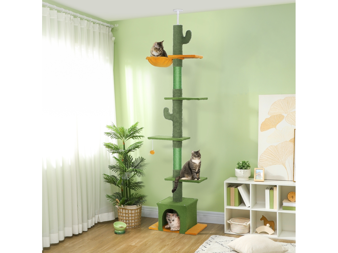 Height-adjustable Scratching Post 230-275 Cm, Space-saving, Play Center With Hammock, Green