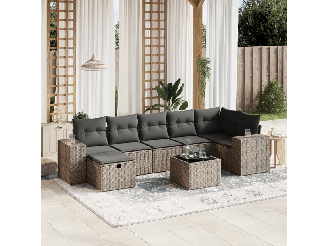Vidaxl 8 Pcs Conjunto Sofás De Jardim C/ Almofadões Vime Pe Cinzento