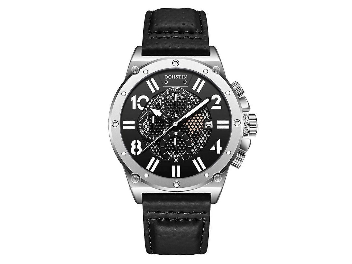 Relógio Ochstin 6122 Multifuncional De Quartzo Esportivo Luminoso À Prova D'água Com Calendário E Pulseira De Couro Para Homens (prata E Preto)