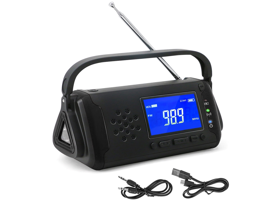 Rádio Fm com Manivela e Energia Solar para Previsão do Tempo, Carregador de Emergência Externo e Lanterna, Preto AQUAFORGE
