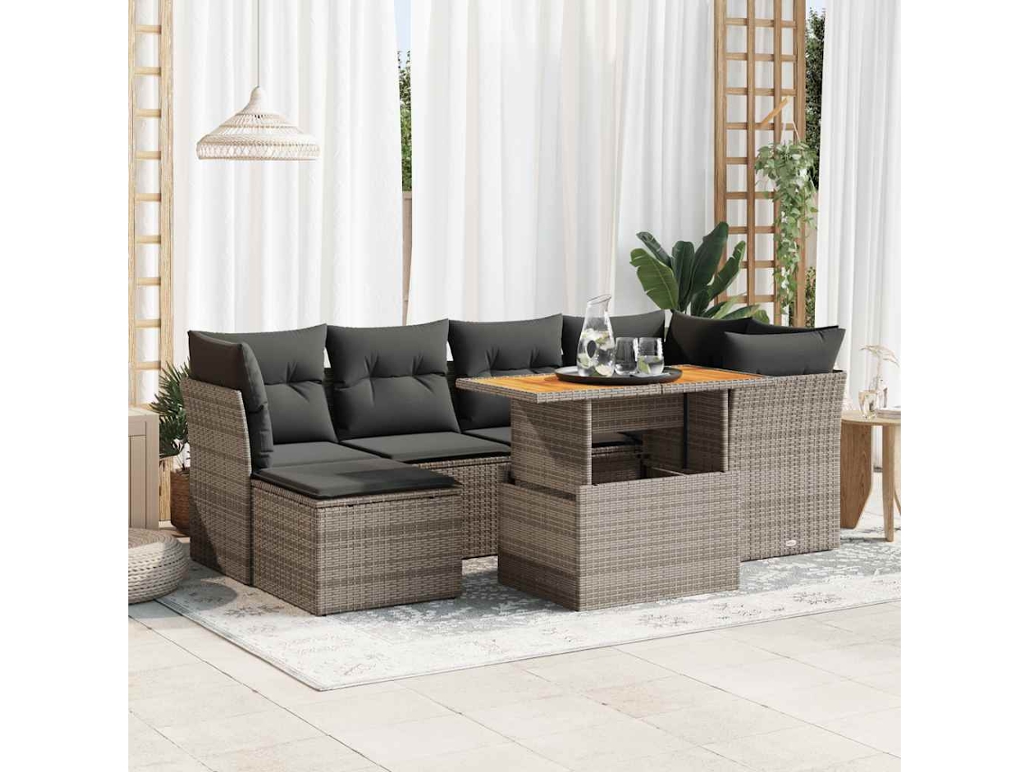 Vidaxl 7 Pcs Conjunto Sofás P/ Jardim C/ Almofadões Vime Pe Cinzento