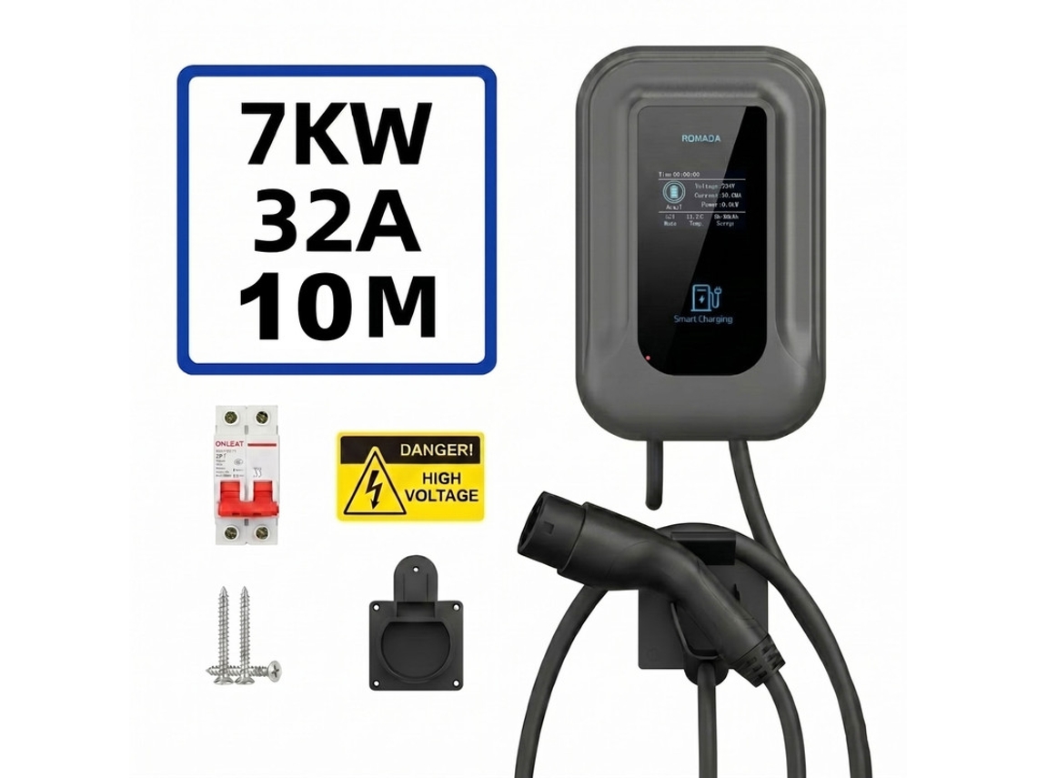 Wallbox Carregador Carro Elétrico Tipo 2 SZSMART Qc5 7kw 32a Monofásico Ajustável, Ecrã Lcd, Instalação Direta, Cabo Aberto 10m