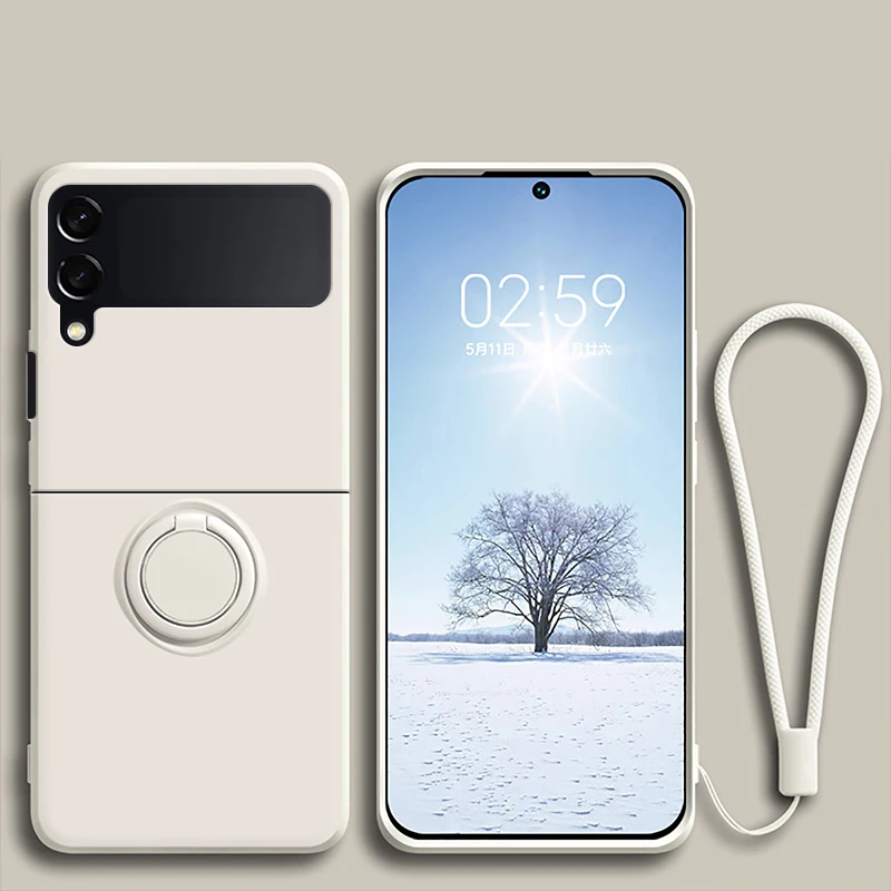 (branco, Galaxy Z Flip4) Capa Flip Para Celular Em Silicone Líquido, Compatível Com Samsung, Resistente A Quedas, Com Suporte De Anel.