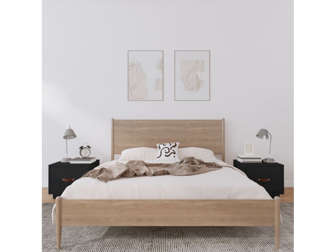 Vidaxl Mesas De Cabeceira 2 Pcs 40x34x35 Cm Pinho Maciço Preto
