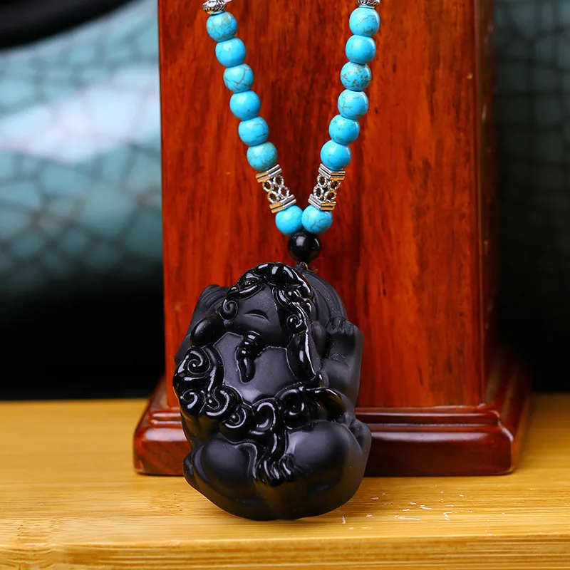 Colar com Pingente de Obsidiana Pixiu, Amuleto de Buda Amitabha MDUG