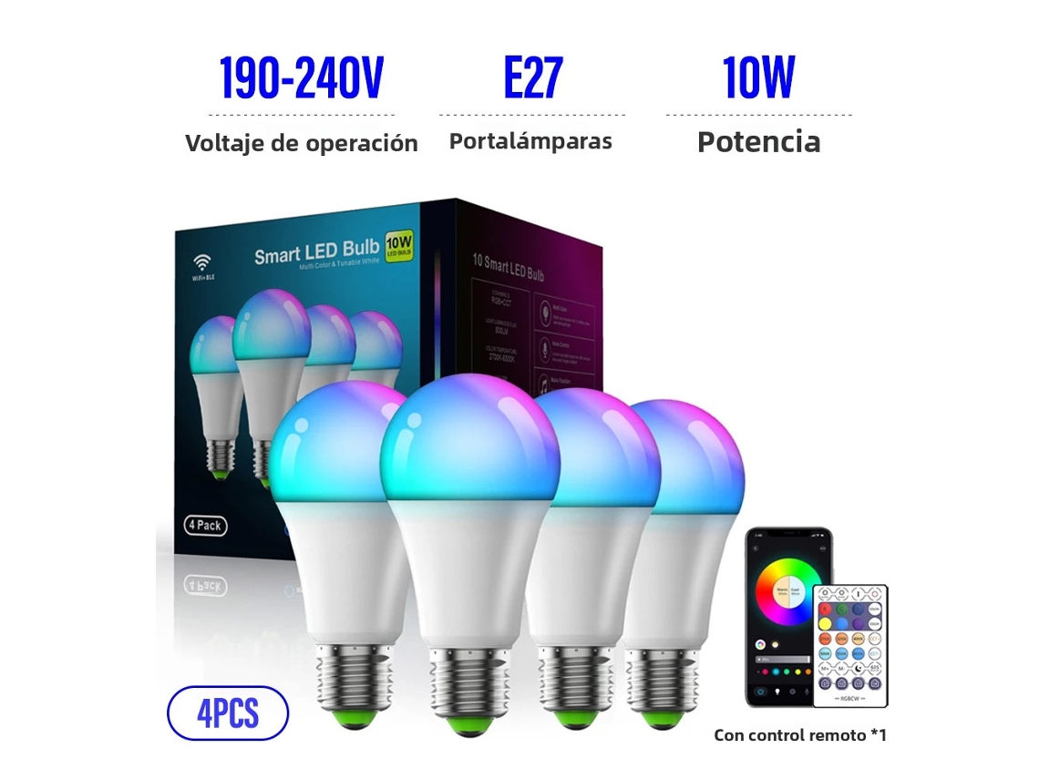 Conjunto De 4 Lâmpadas Led Inteligentes, 190-240v E27, Compatíveis Com Sincronização De Música Via Wi-fi E Dimerização Ble 5.0.