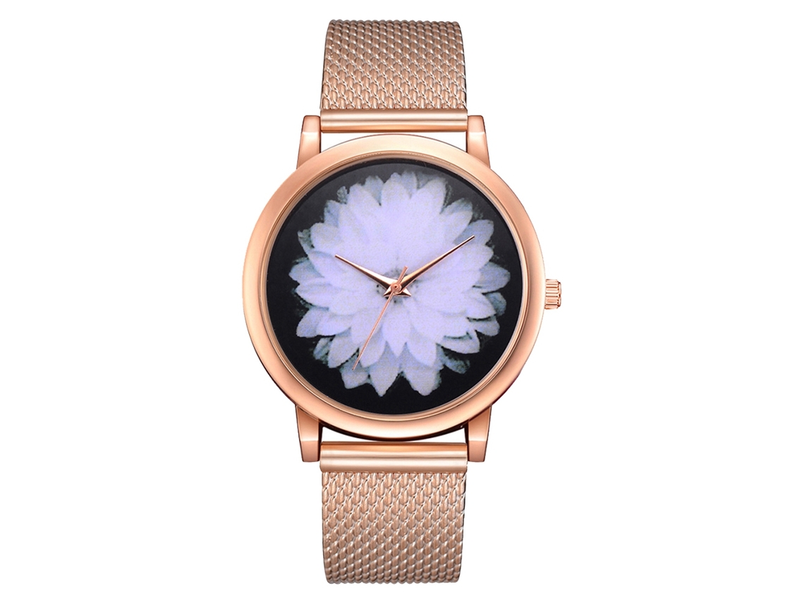 Reloj De Mujer De Cuarzo Con Correa De Malla Y Dial Redondo Patrón Floral Moda (oro)