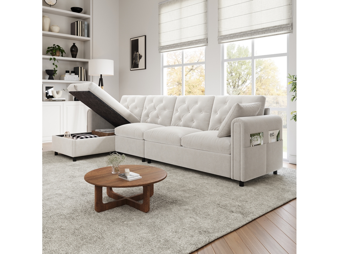 Sofá Moderno De Veludo 281x86x71 Cm Espaço De Arrumação No Canto, Braços Com Bolsos Bege Mobrio