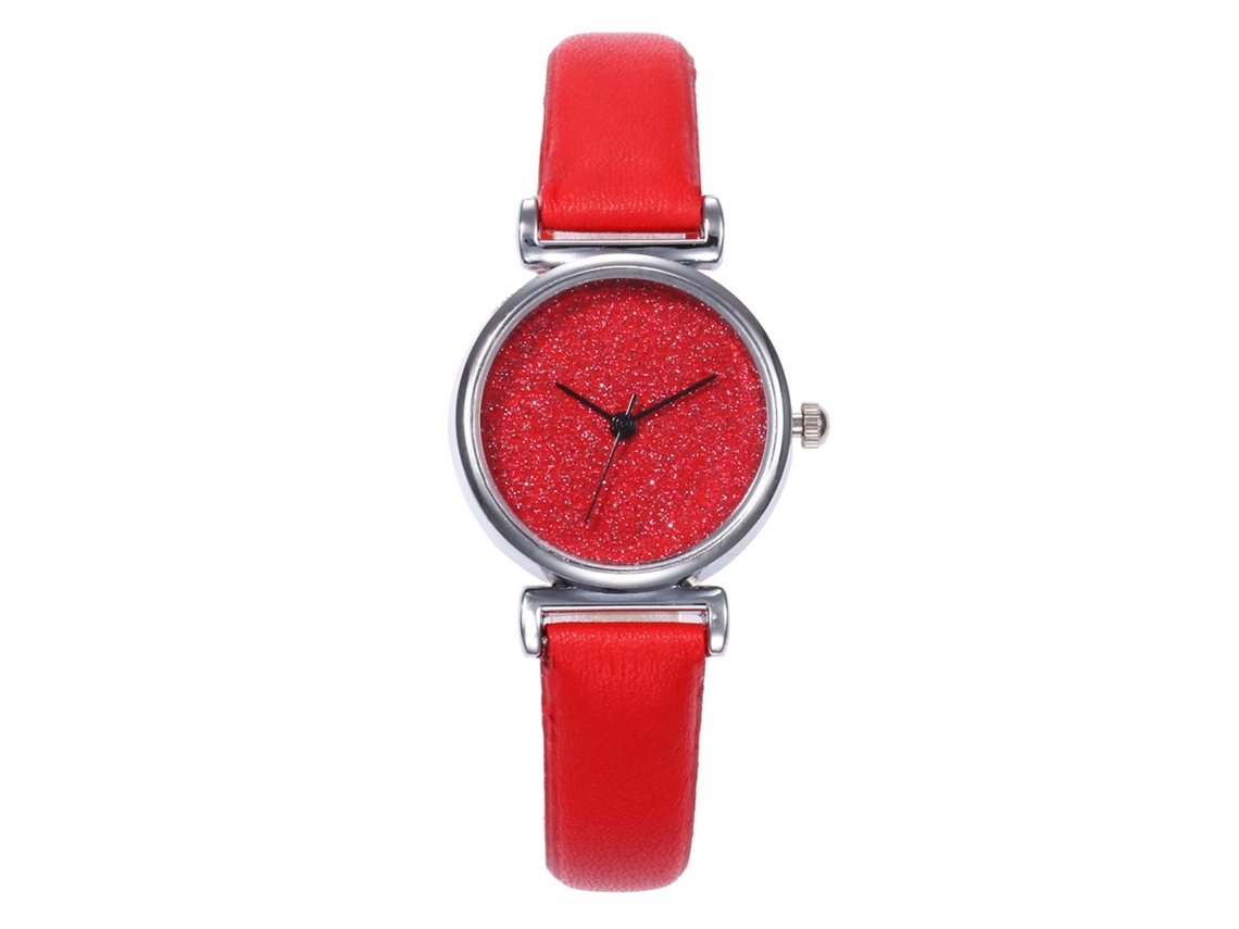 Relógio de Pulso Feminino Casual Moda com Pulseira Pu e Movimento de Quartzo Vermelho