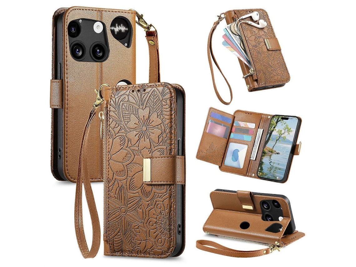 Capa Carteira De Couro Com Zíper, Estampa De Flores E Folhas, Para Celular Nothing Phone 3.
