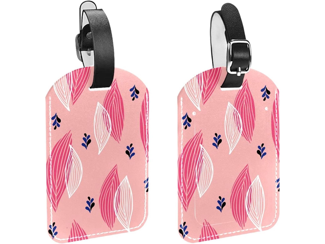 Conjunto De 2 Etiquetas Bagagem Viagem Com Alça Segurança, Estampa De Folha Rosa, Brancas