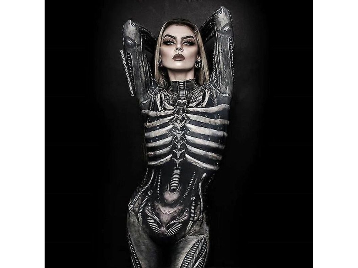 Fantasia de Esqueleto Caveira para Cosplay, Macacão Feminino Adulto, Tamanho 2XL, para Halloween, Carnaval e Festas