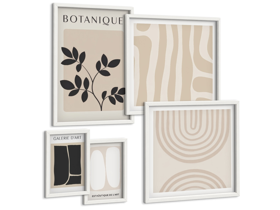 Pinturas Murais Modernas Padrões Abstratos Em Bege E Cinza Moldura Branca Imagens Para Um Quarto Infantil Espelharte (conjunto De 5 Imagens)