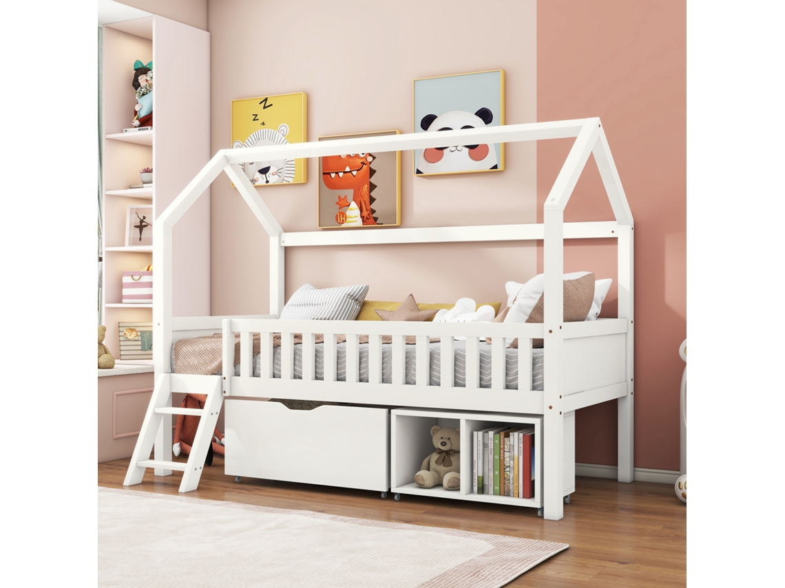 Cama Infantil Branca 200x90cm, Gavetas, Corrimão.-op