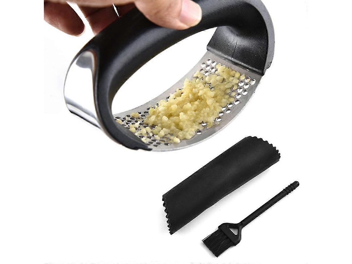 Espremedor de alho profissional em aço inoxidável com descascador e escova de limpeza.