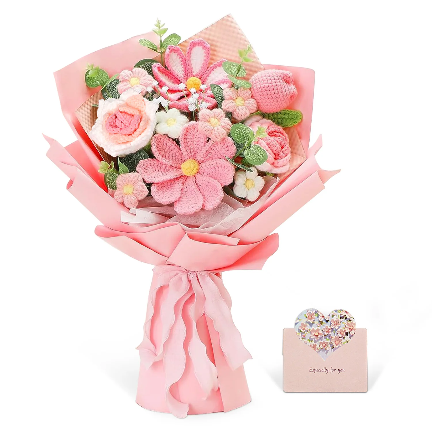(rosa) Buquê Rosa Feito À Mão Em Crochê, Buquê De Tulipas Em Crochê, Presente Para O Dia Dos Namorados