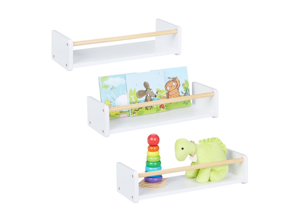 Conjunto De 3 Prateleiras Relaxdays Para Crianças, Estante Infantil, Montagem Na Parede, 12 X 50 X 18 Cm, Branca/nat.
