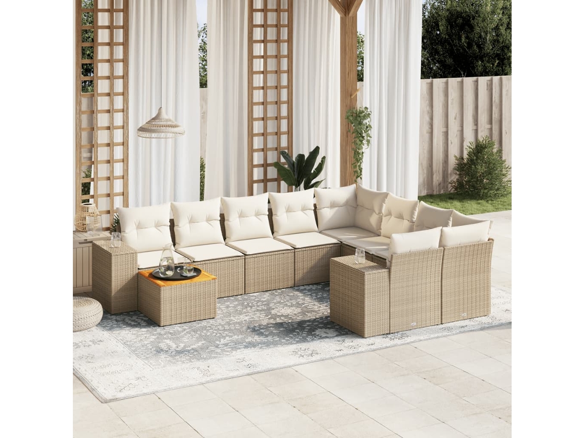 Vidaxl 10 Pcs Conjunto De Sofás P/ Jardim Com Almofadões Vime Pe Bege