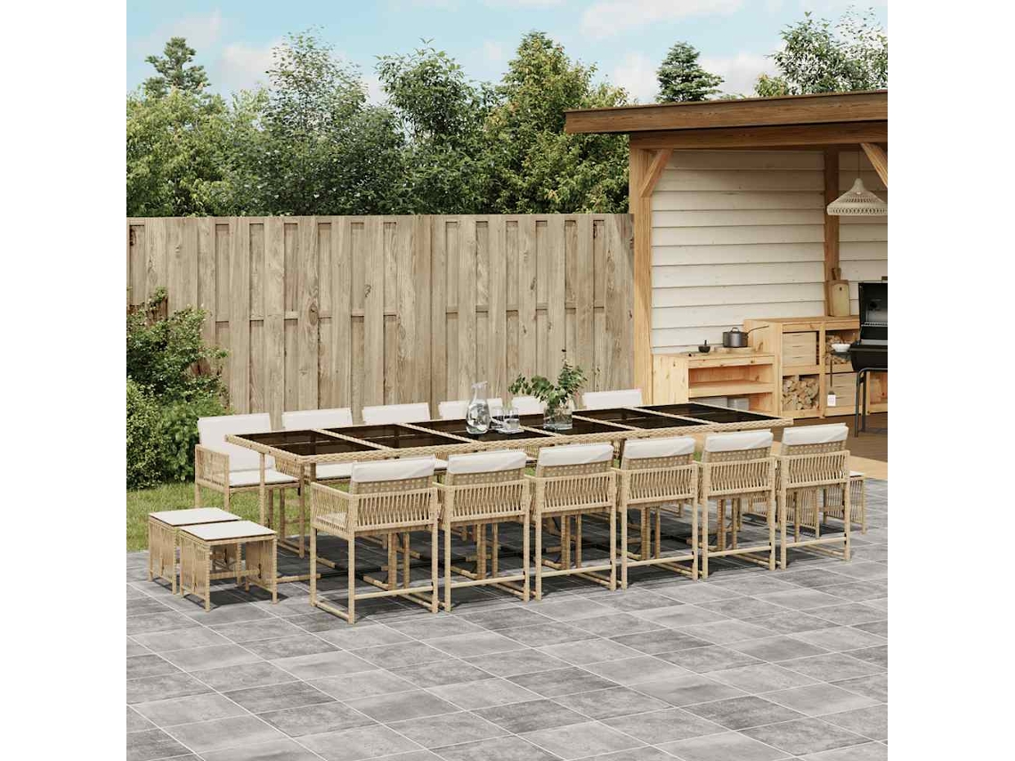 Vidaxl 17 Pcs Conjunto de Jantar P/ Jardim C/ Almofadões Vime Pe Bege