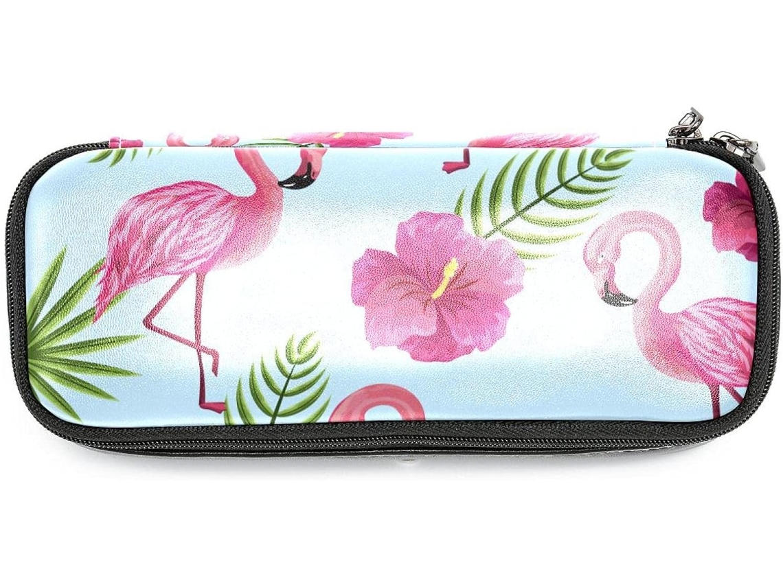 Caixa organizadora grande com estampa de flamingos rosa e folhas verdes, ideal para organizar seus materiais escolares e