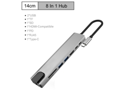 Yizhood 8 em 1 USB C Tipo C Thunderbolt3 Docking Station para leitor de cartão 4K UHD TF/SD USB 2.0 100M Rj45 Ethernet Pd Cinza