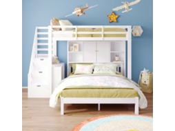 Beliche Com Prateleiras 90x200cm+140x200cm, Cama Infantil Multifuncional, Escada Com Gavetas E Mesa Lateral Móvel, Muito Espaço, Branco
