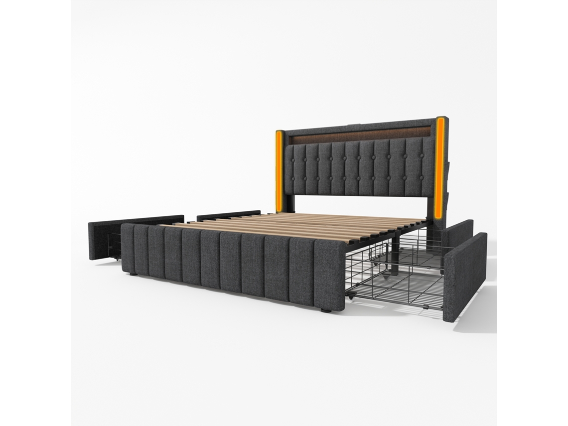 Cama Juvenil Estofada 140x200 Cm com Usb Tipo C, led, 4 Gavetas e Estrutura em Madeira, cinza com Colchão Incluída PAPRIKA