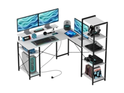 Mesa Angular com Tomada Elétrica e Usb,prateleira e Suporte para Monitor branco e Preto BTFORUS