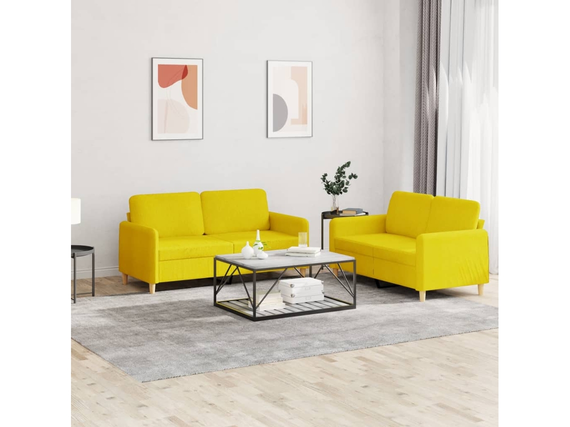 Vidaxl 2 Pcs Conjunto De Sofás Com Almofadões Tecido Amarelo-claro