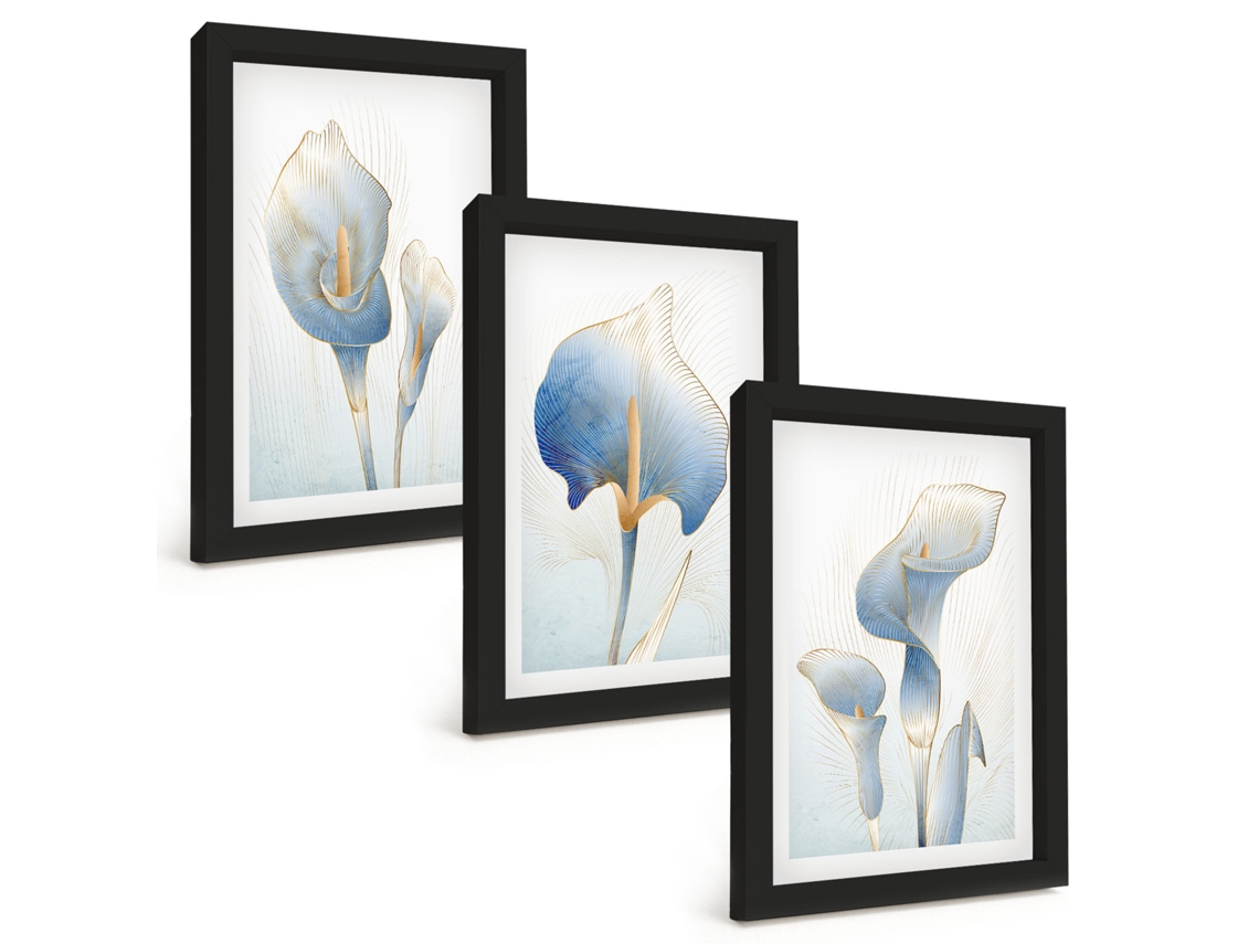 Conjunto De Pinturas Flores Azuis Ao Fundo Moldura Preta Quadros Para A Sala De Estar Espelharte (3 Peças 20x30 Cm)