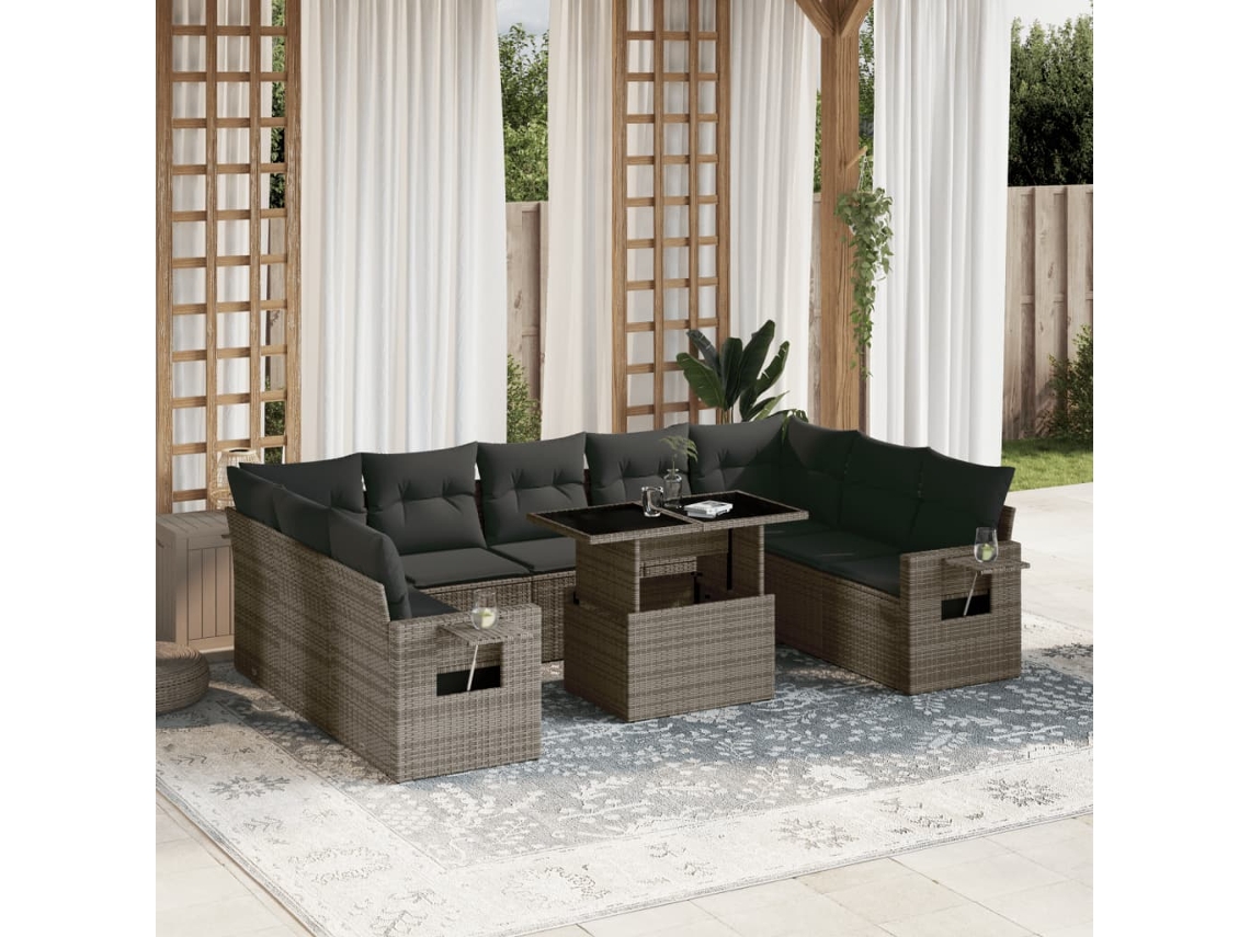 Vidaxl 10 Pcs Conjunto Sofás de Jardim C/ Almofadões Vime Pe Cinzento